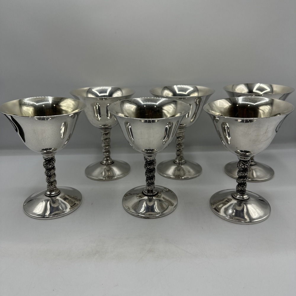 Valero. Champagne Wine Goblets With‎ Twisted Grapevine Stem - 6 Silver Plated